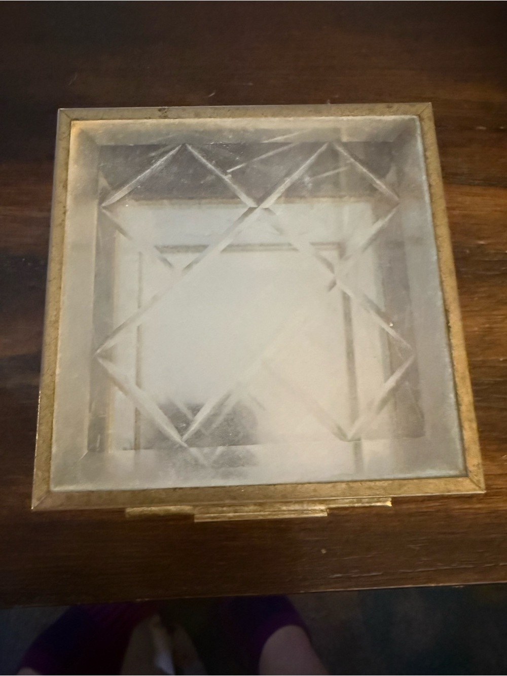 Vintage Square Glass Trinket Box with Etched Diamond Pattern - Gold Trim